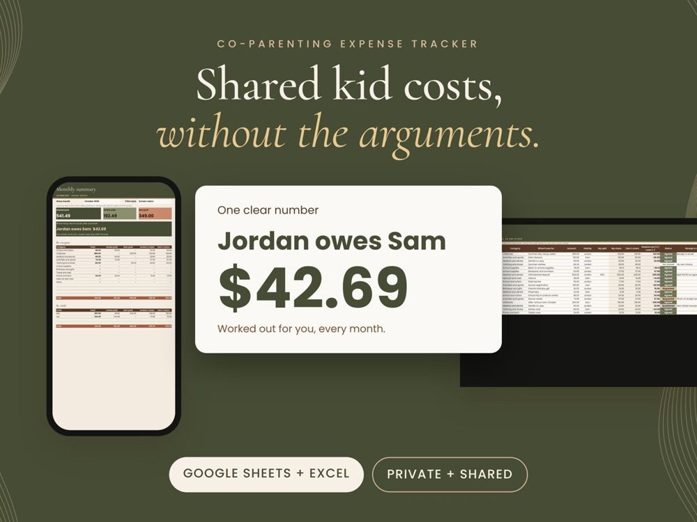 Co-Parenting Expense Tracker on a laptop with a monthly summary card