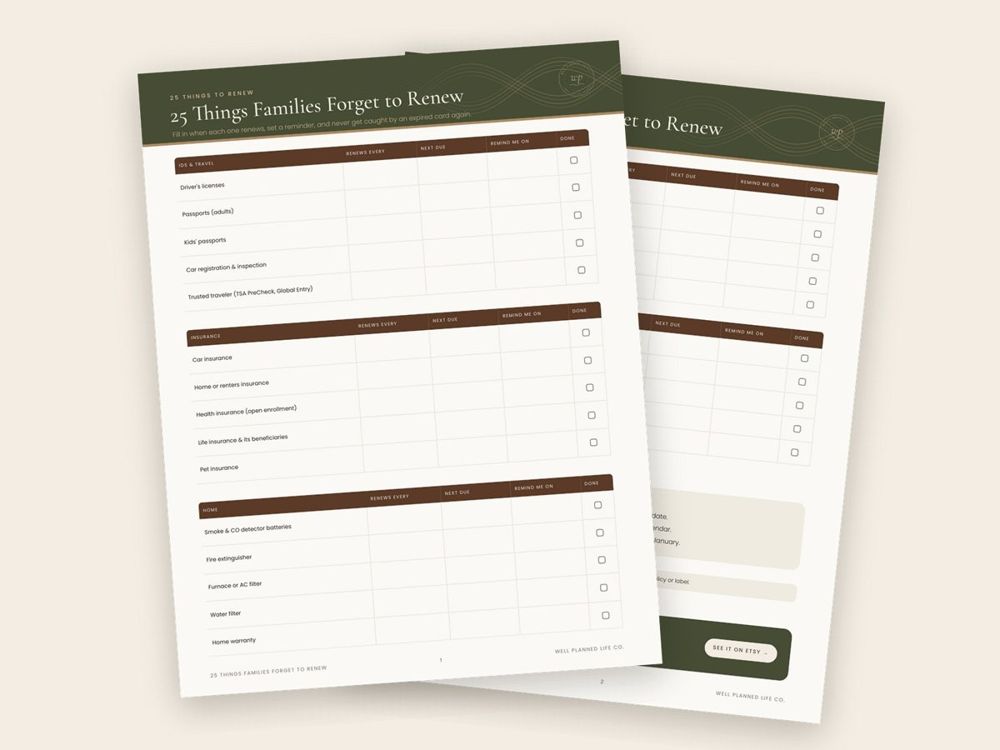 The free 25 Things Families Forget to Renew checklist, two printed pages