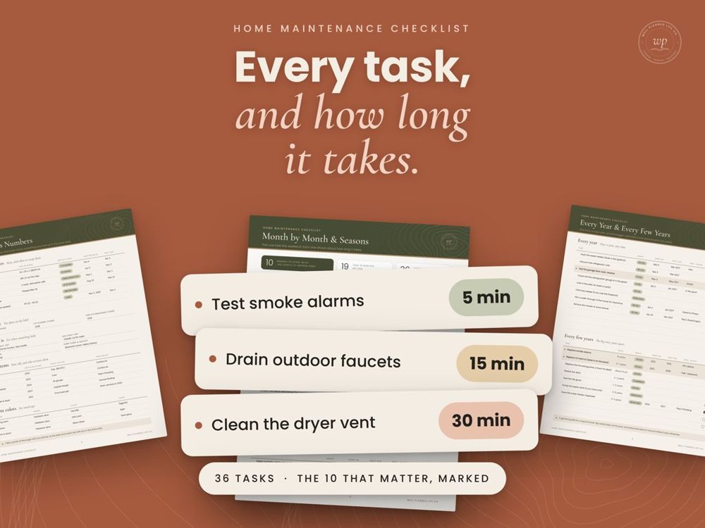 Home Maintenance Checklist with task cards and time estimates