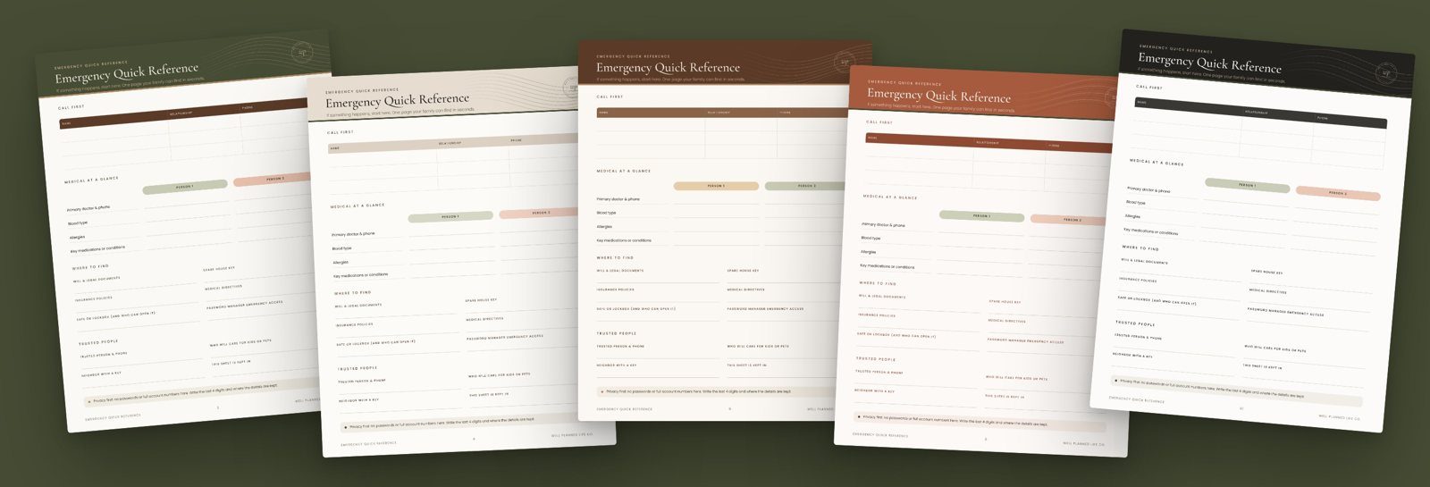 The same Emergency Quick Reference page in five color themes: Olive, Linen, Walnut, Clay and Ink